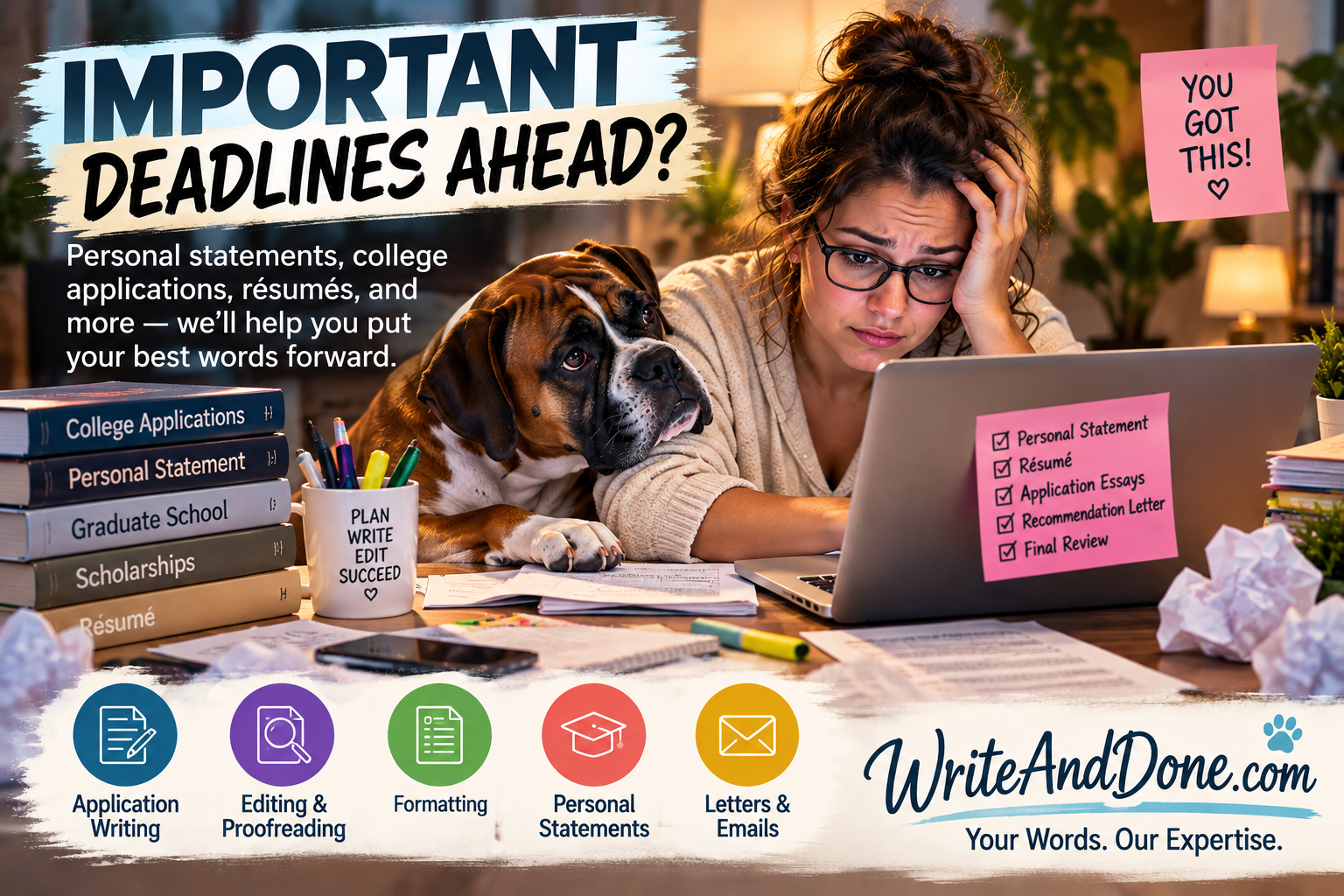 Important Deadlines Ahead? Write & Done writing-support illustration with a student and Brody.