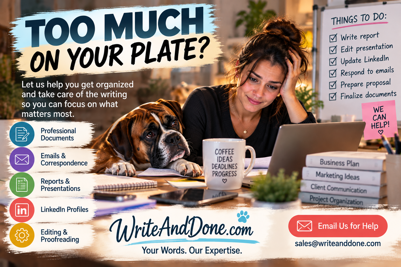 Too Much on Your Plate? A busy business professional and Brody beside a writing to-do list.