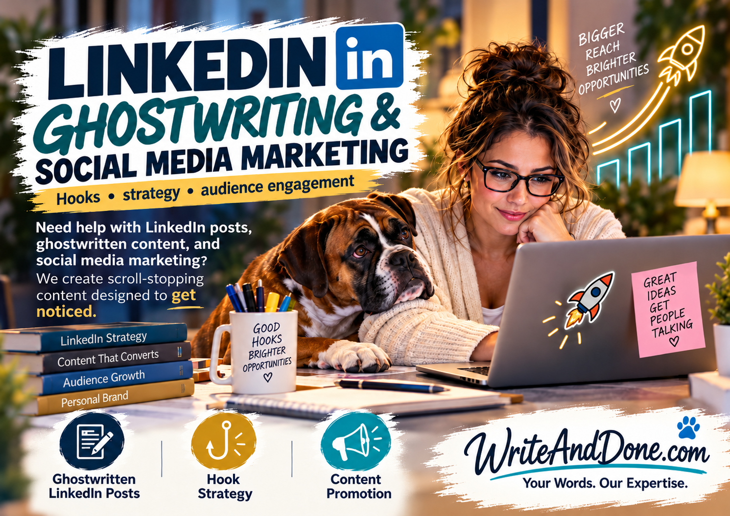 LinkedIn ghostwriting and social media marketing: hooks, strategy, and audience engagement, with a business professional and Brody.