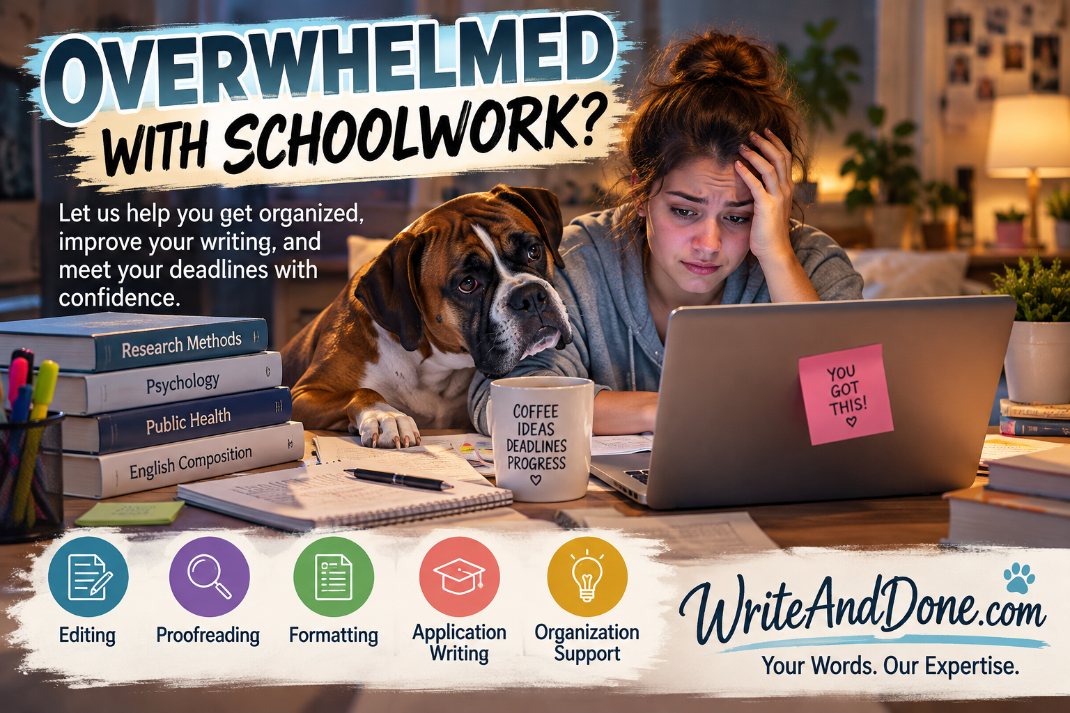 Overwhelmed With Schoolwork? Write & Done writing-support illustration with a student and Brody.